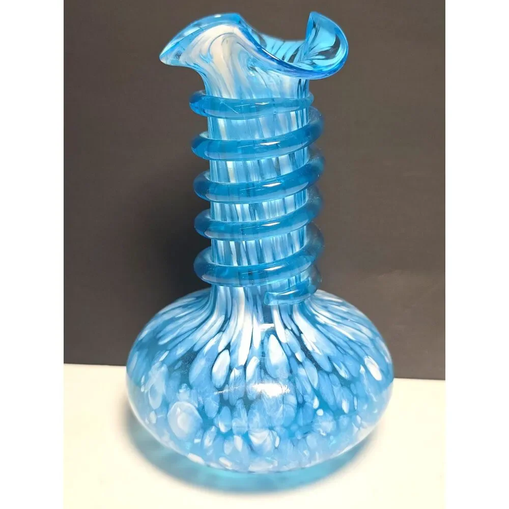 Vtg. Blue White Spatter Art Glass Bud Vase Applied Glass Wrap Hand Blown Ruffle